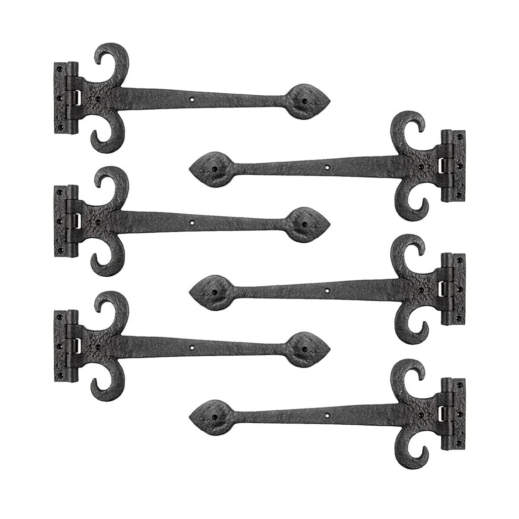 Black Wrought Iron Strap Hinge 15.5" Fleur De Lis Style Flush Mount Heavy Duty Spade Tip Strap Gate and Door Hinges