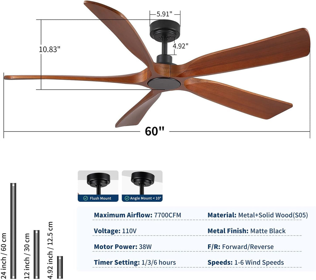60" Indoor/Outdoor Ceiling Fan with Remote, No Light