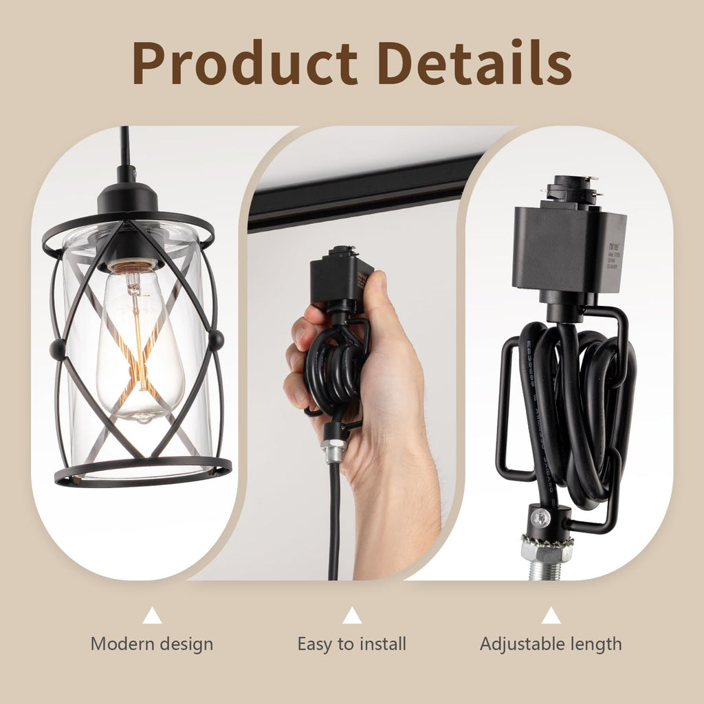 H-Type Black Track Lighting Pendant with Dotted Cage Clear Glass, Adjustable Hanging Light, E26 Socket, Pack of 3