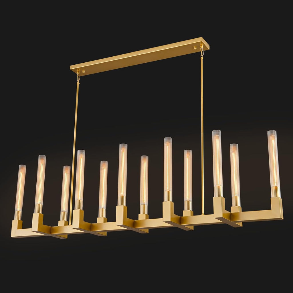 68" 12-Light Gold Modern Rectangular Glass Chandelier