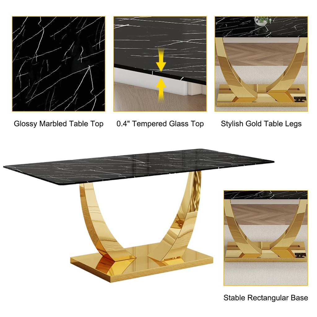 Black Dining Table Set for 6, 71" Faux Marble Dining Table Set for 6