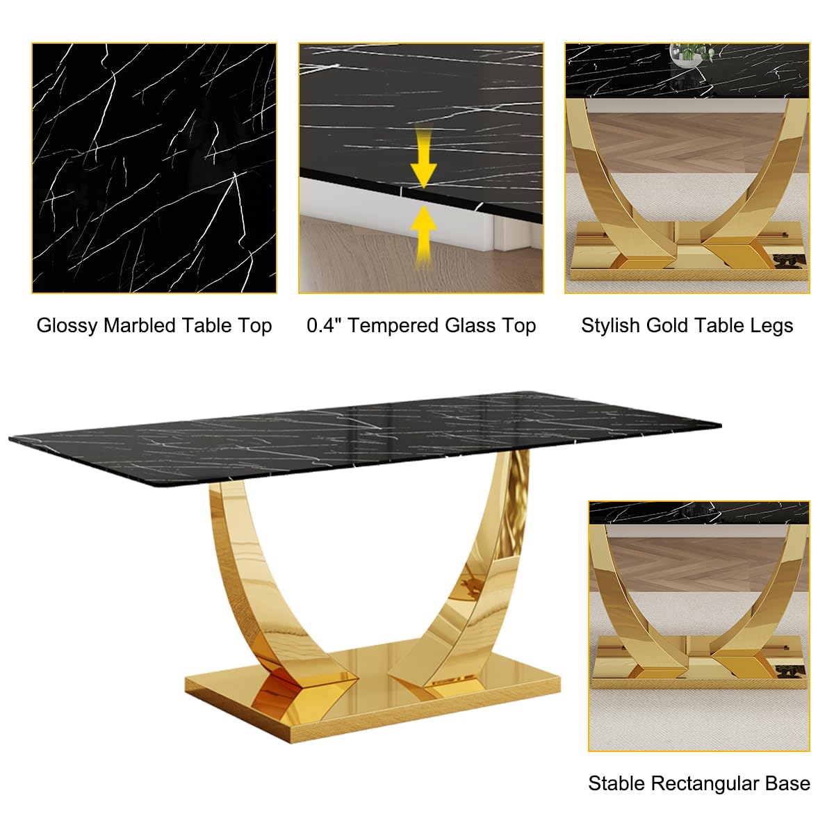 Black Dining Table Set for 6, 71" Faux Marble Dining Table Set for 6