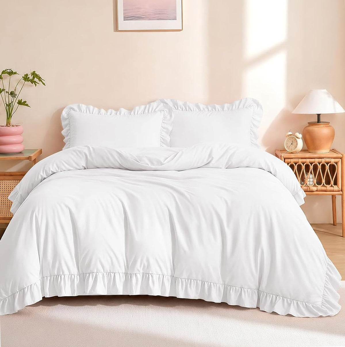 White Duvet Cover 3 Piece, Farmhouse Shabby Chic Bedding