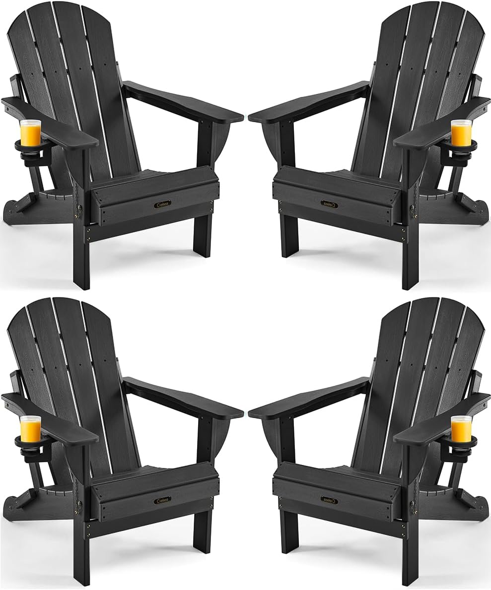 Folding Adirondack Chair 4 Pack, Patio Adirondack Chair Weather Resistant, Plastic Fire Pit Chair with Cup Holder