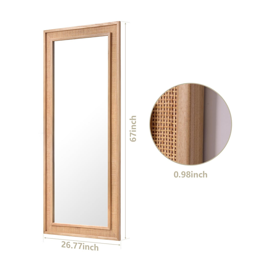 Large Rectangle Rattan Mirror 27"x67" Farmhouse Full Length Wood Mirror
