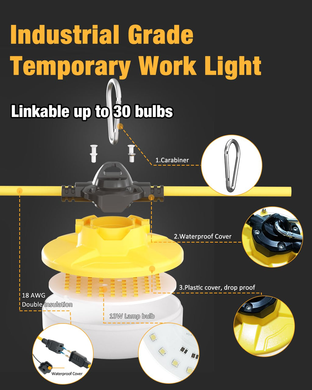 LED Construction String Light, 130W 16000Lm Industrial LED String Work Lights with 10 Bulbs, Linkable 5000K