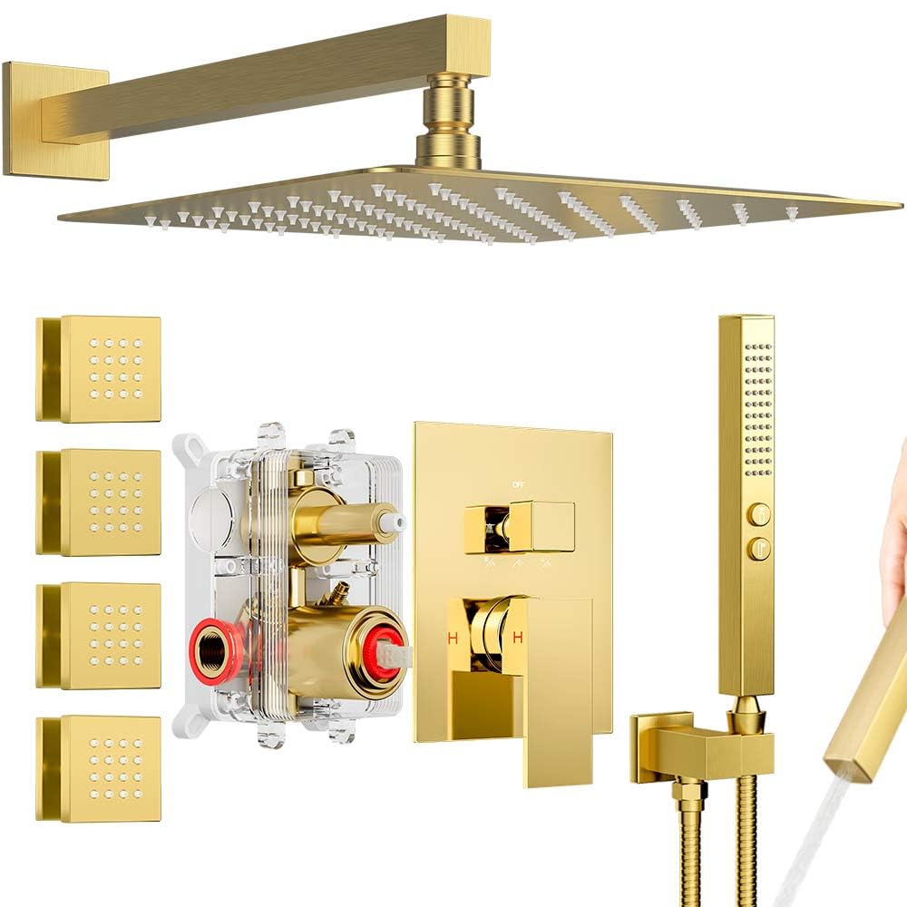 Shower System Brushed Gold Shower Faucets Sets, 10" Rain Shower Head with 2 In 1 Handheld Spray and 4 Body Jets, Wall