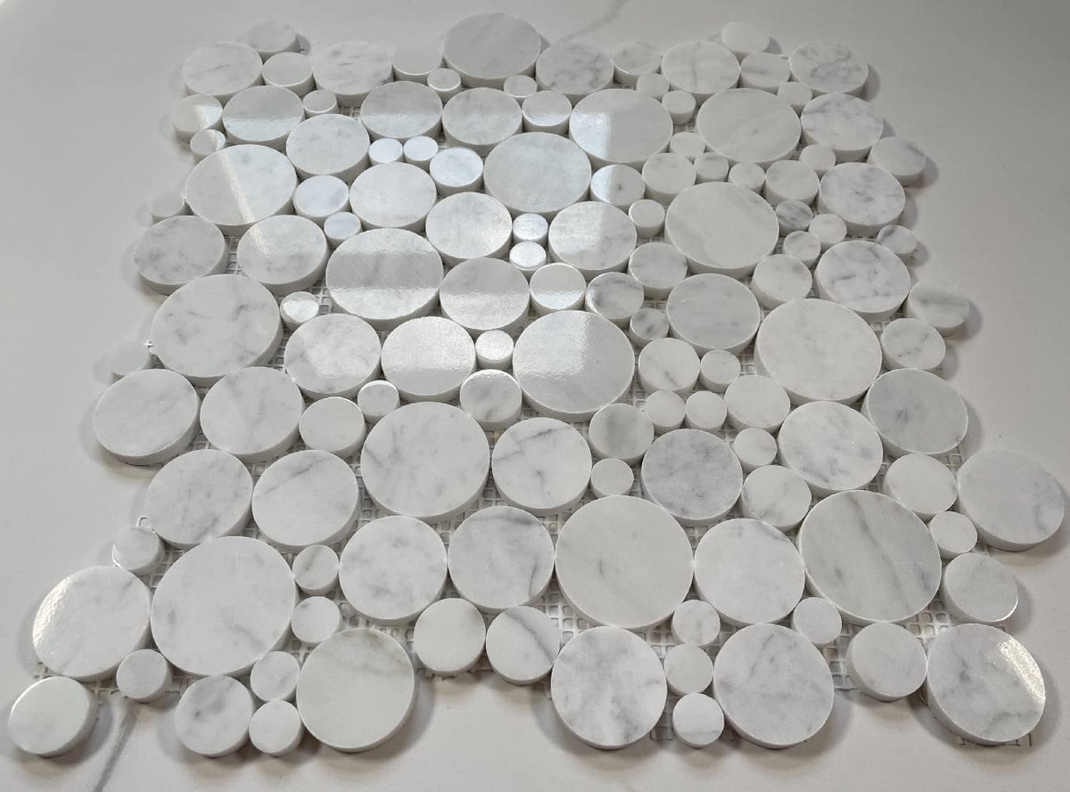 Carrara White Marble Bubble Round Paramount Mosaic Tile Polished Kitchen Bath Wall Floor Backsplash Shower (1 Sheet)