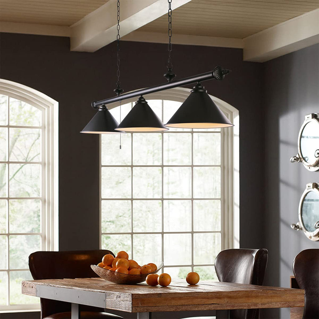 59in Billiard Pool Table Light with Pull Chain Switch on Pendant Light Fixture 3 Lights with Matte Black Shade