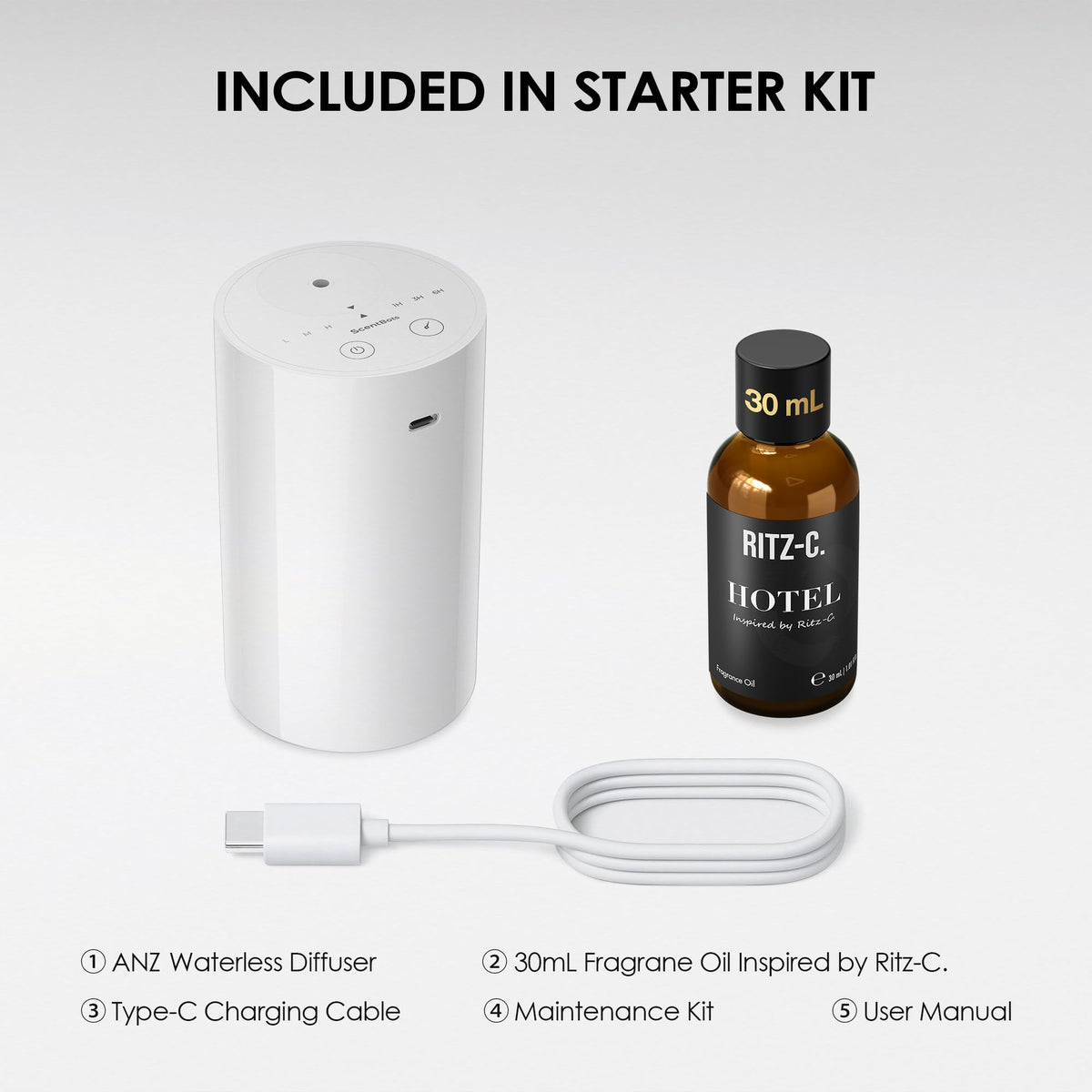 ANZ Waterless Essential Oil Diffuser Starter Kit, White