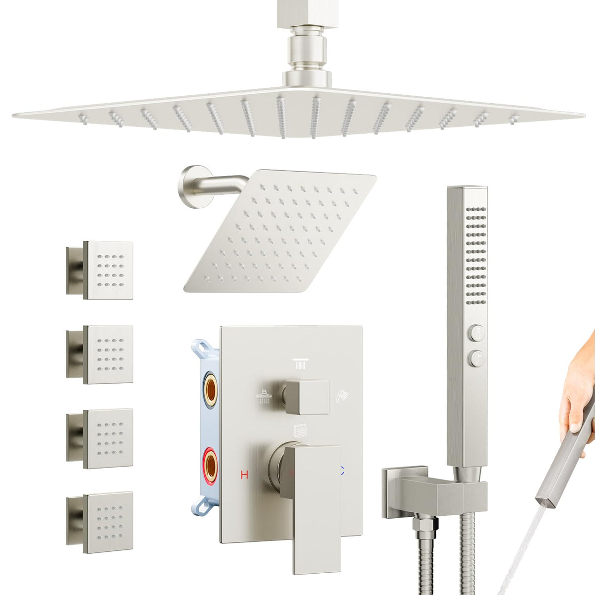 Brushed Nickel Shower System with Jets, 4 Way Shower Faucet Set with 2 in1 Handheld,Ceiling Mount 12"+6" Rain Shower