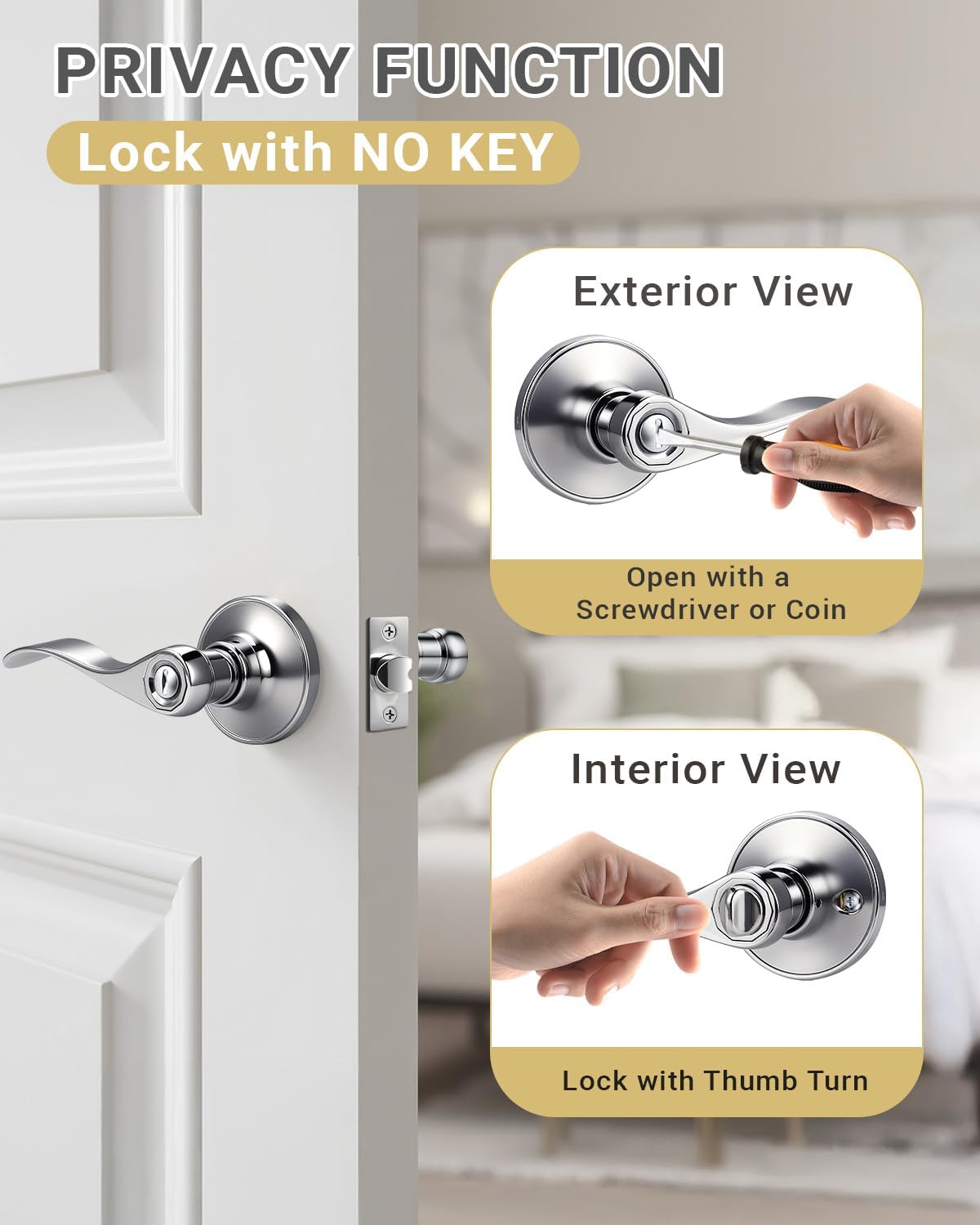 1 Pack Polished Chrome Door Handle Interior Privacy Doorknob Bedroom Door Handle with Lock, Reversible for Left and