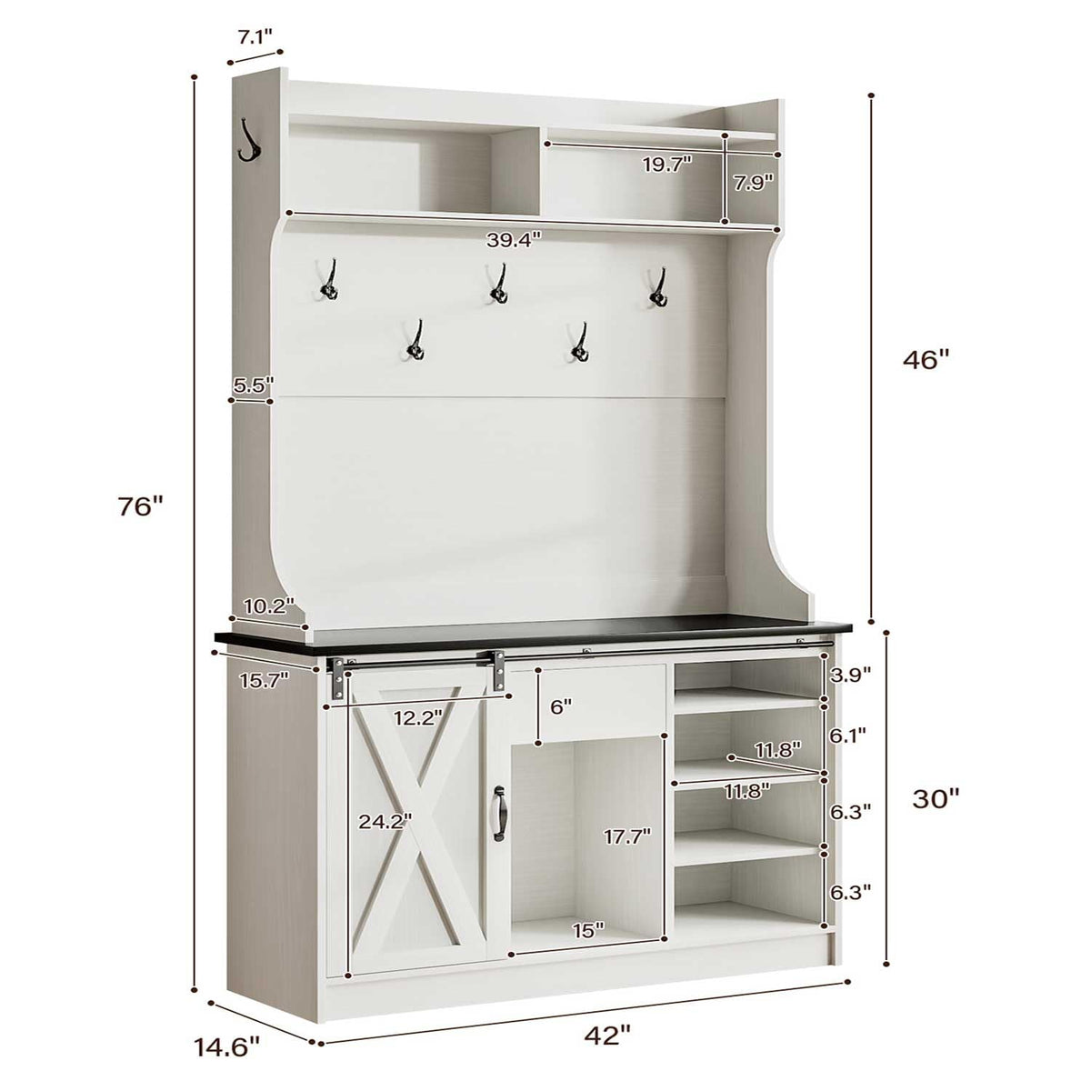 Farmhouse Hall Tree with Bench & Shoe Storage, White