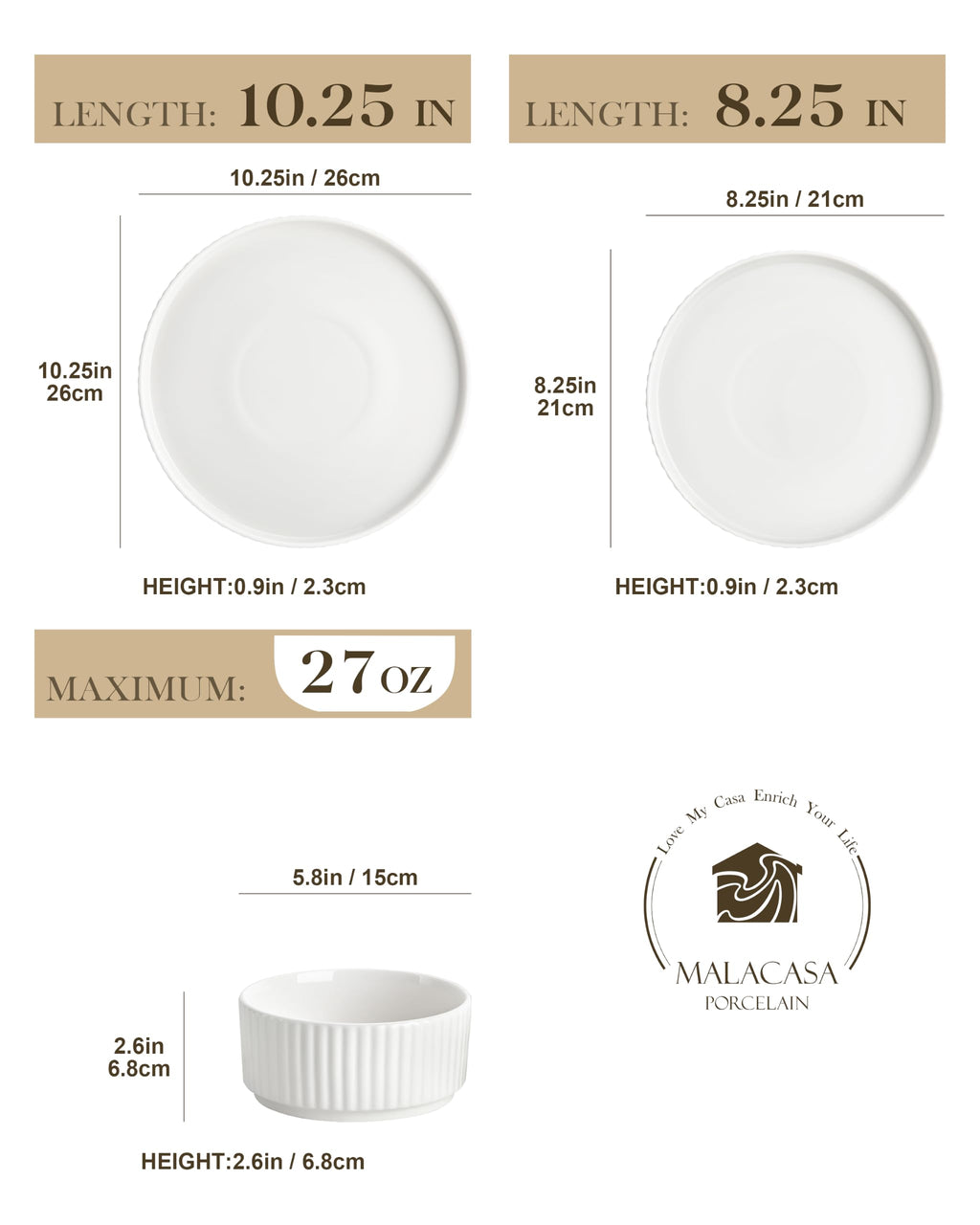 Porcelain 24 Pieces Plates and Bowls Set, Dinnerware Set for 8