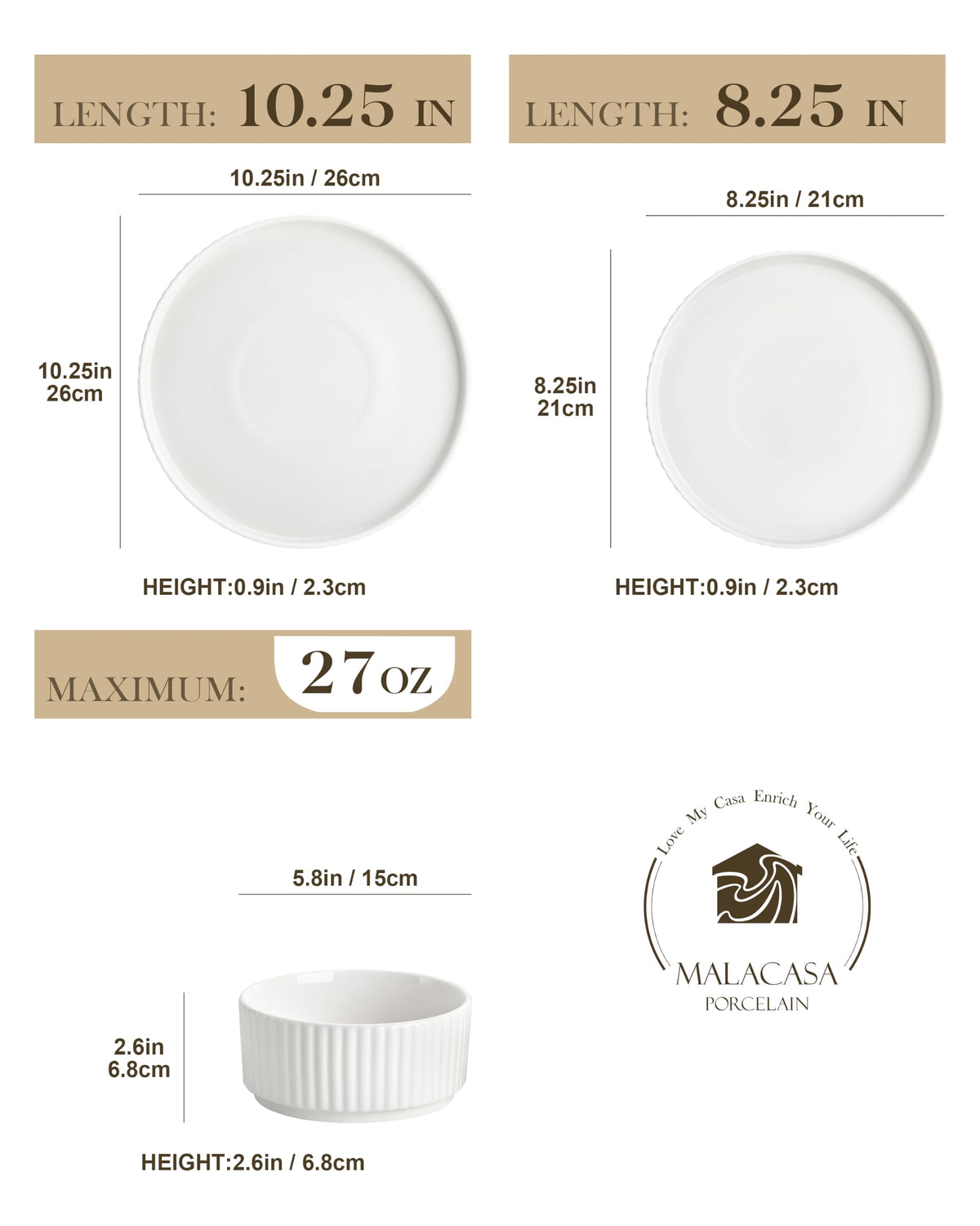 Porcelain 24 Pieces Plates and Bowls Set, Dinnerware Set for 8