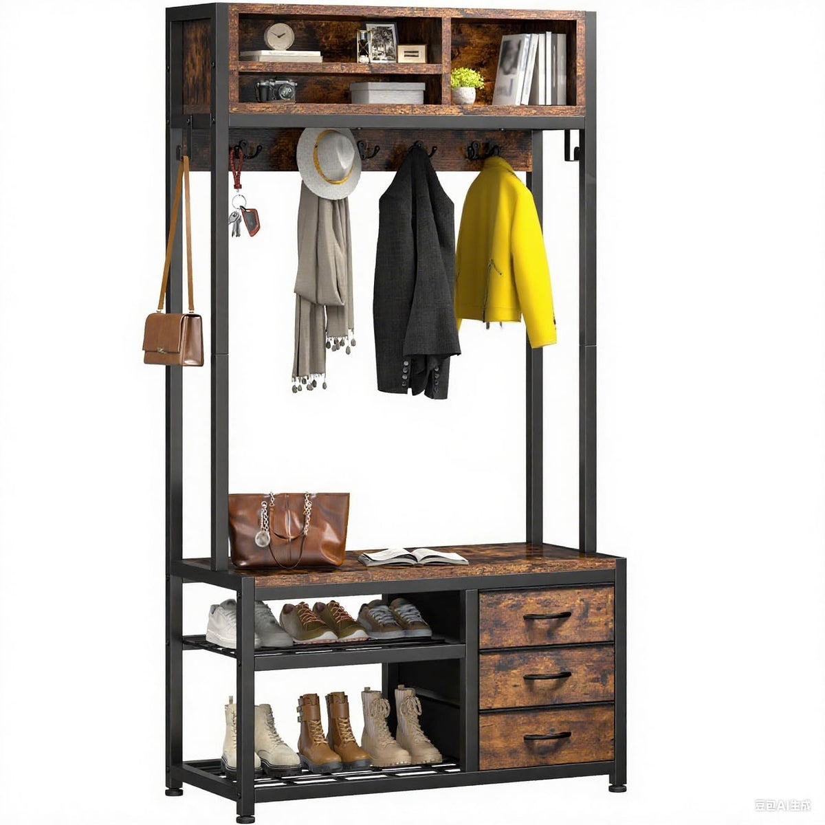 Hall Tree with Bench and Shoe Storage, 31.5" Entryway Cabinet