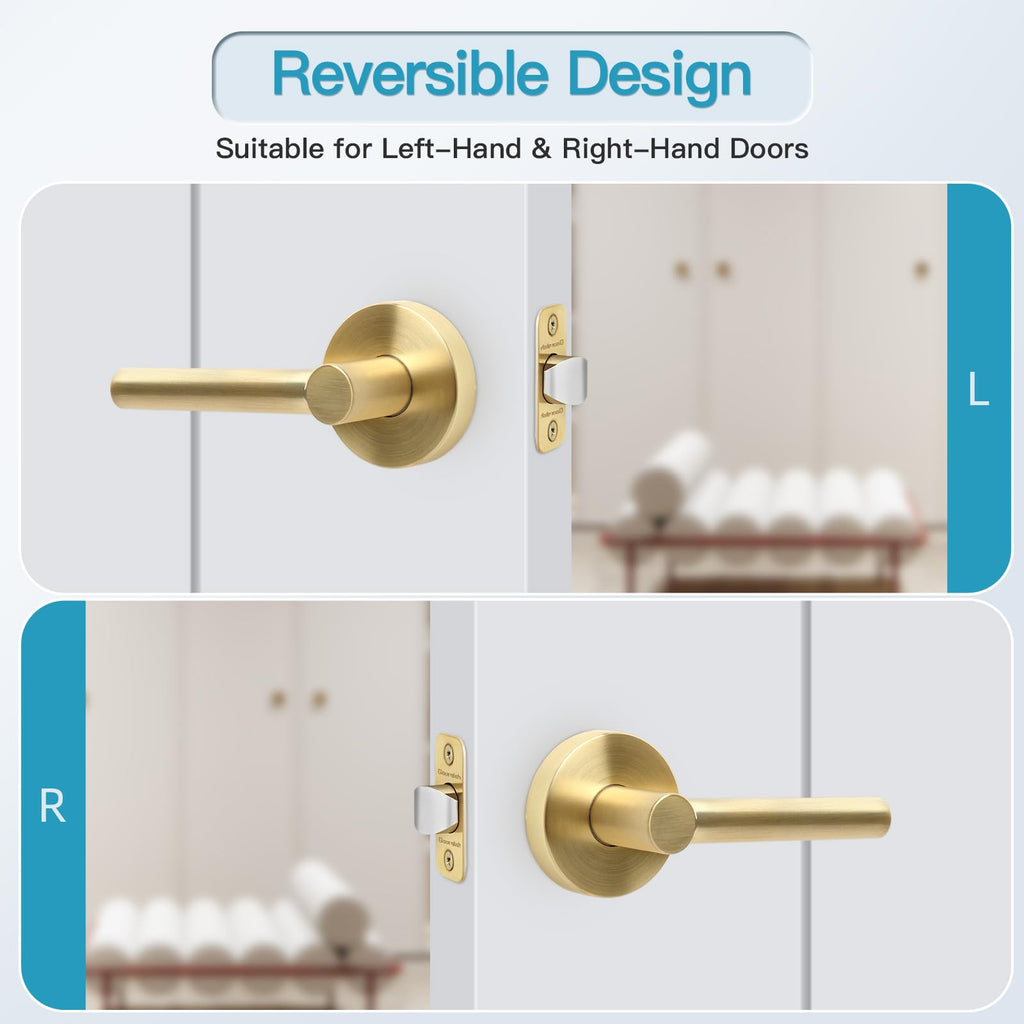 Brushed Gold Keyless Passage Door Lever, Heavy Duty Gold Interior Door Handle, Round Non-Locking Door Lock or Closet