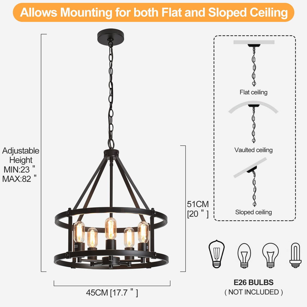 17.7''Farmhouse Black Chandelier, 5-Light Adjustable Height Industrial Hanging Lights E26 Base, Rustic Drum Pendant