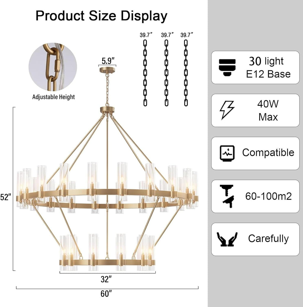 60" 30-Light Gold Large Wagon Wheel Glass Chandelier