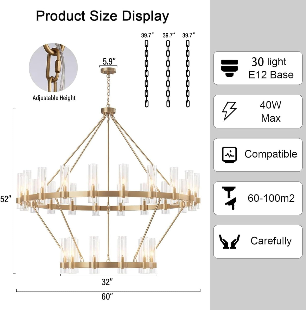60" 30-Light Gold Large Wagon Wheel Glass Chandelier