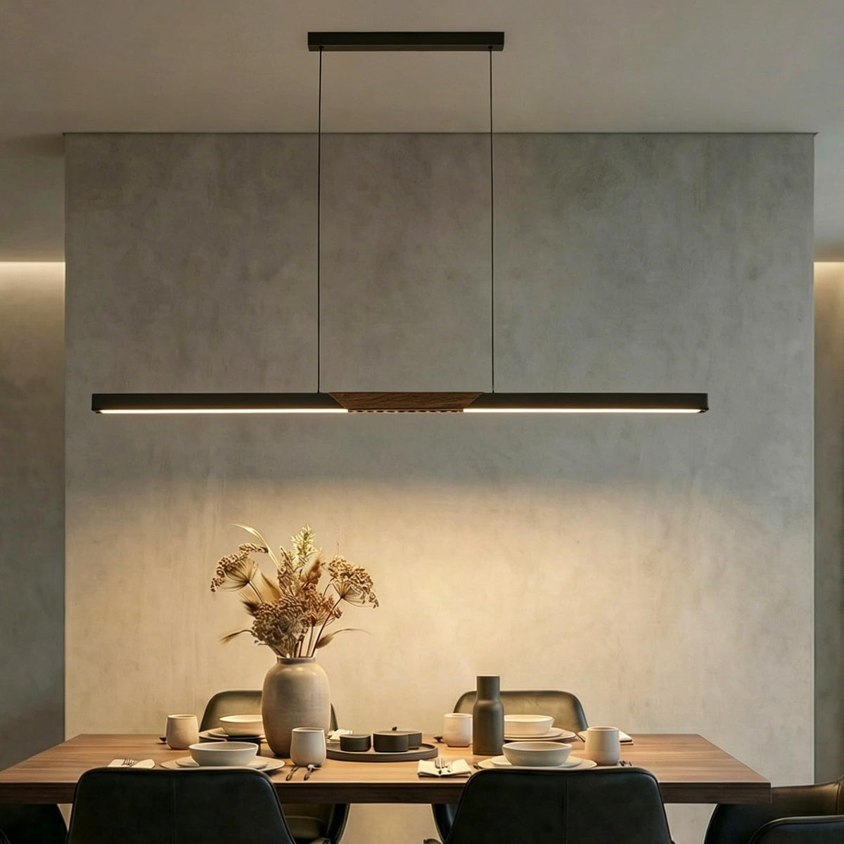 94′′ Black Linear Pendant Light - Dimmable High Output LED, Modern Black Finish with Walnut Wood Grain Accent, 8ft