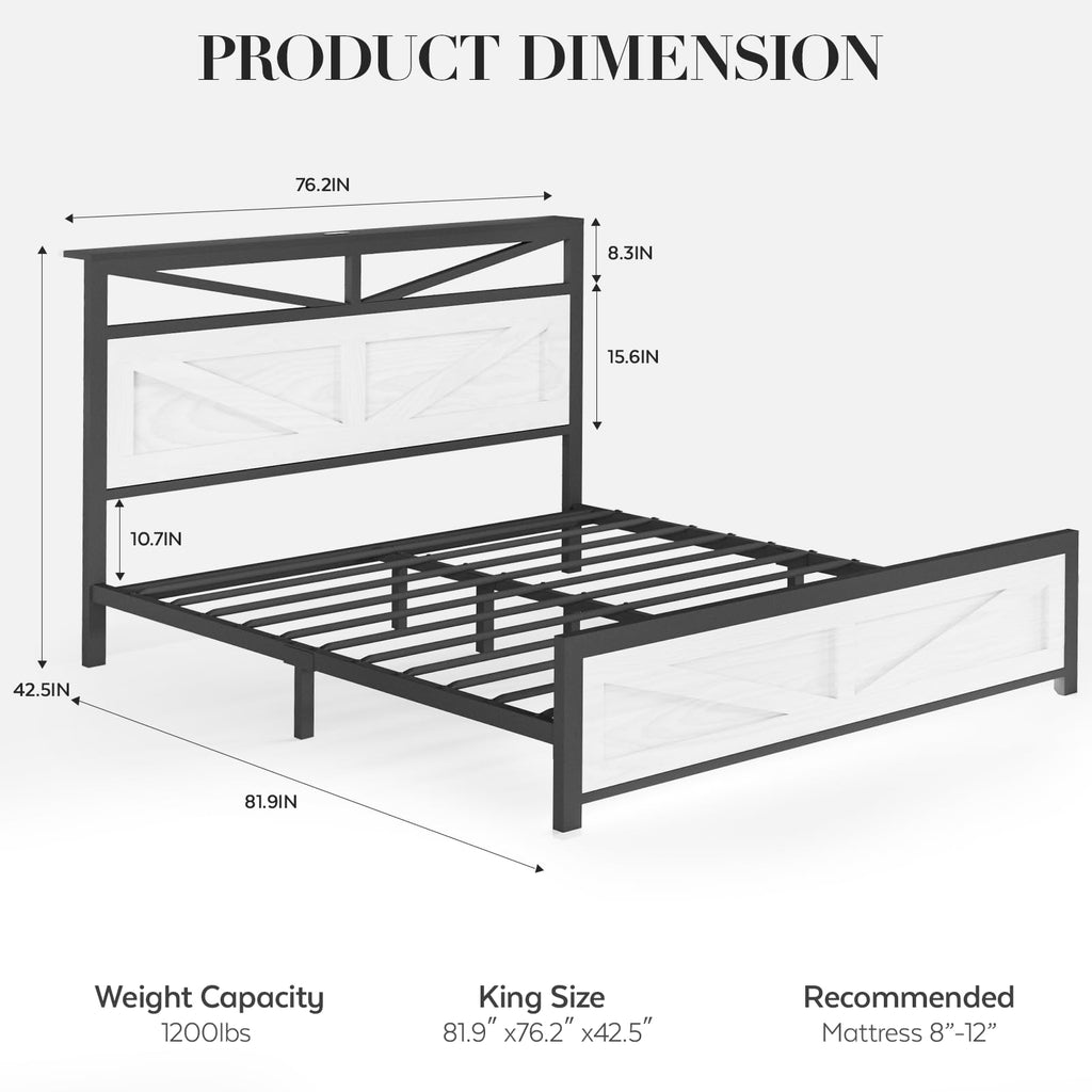 Rustic Bed Frame with Barn Door Headboard and Storage, Farmhouse LED Bed Frame with Charging Station