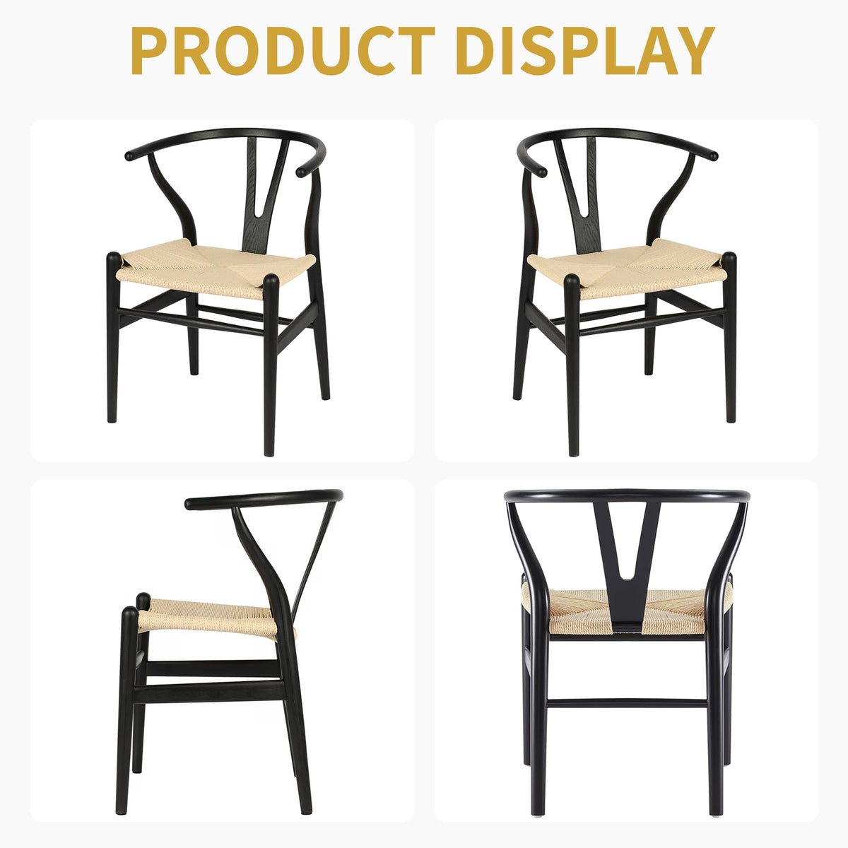 Wishbone Chairs Set of 2, Dining Chairs (Black Frame + Natural Cord)