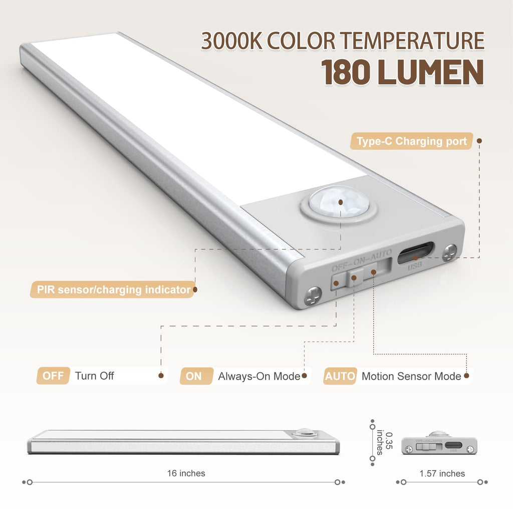 16 inch Under Cabinet Lighting, 6 Pack Motion Sensor Light Indoor Rechargeable Magnetic Closet Lights Battery