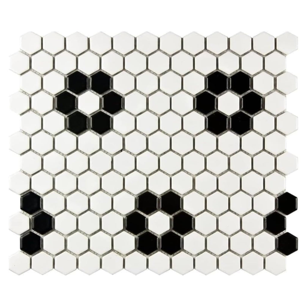 Hexagon Matte White with Black Hexagon Flower Pattern Porcelain Mosaic Floor and Wall Tile Backsplash, Bathroom