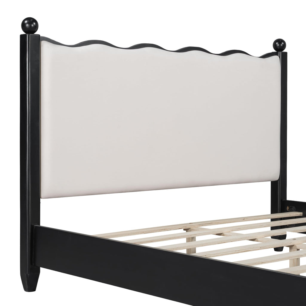 Modern Solid Wood Bed Frame with Upholstered Headboard, Queen Size Rustic Platform Frame with Sturdy Wood Legs/No Box