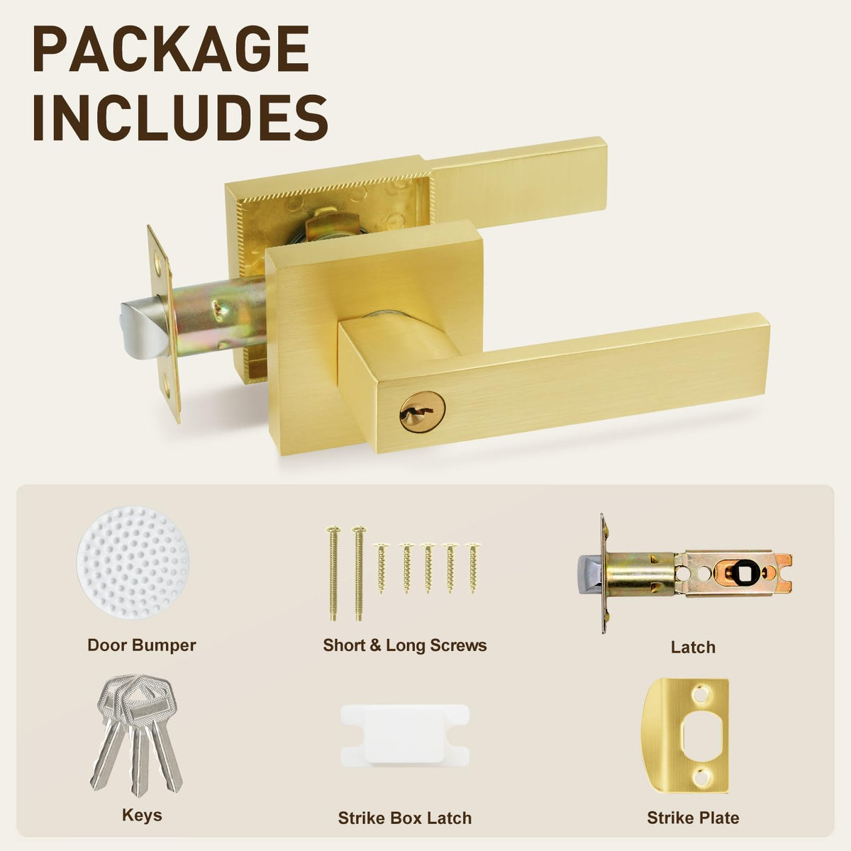 Golden Polished Brass Door Lever with Lock and Keyed