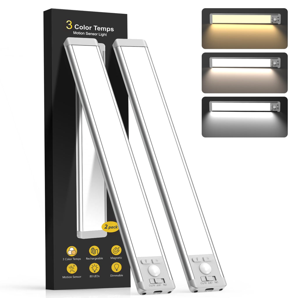 10inch Under Cabinet Lighting with 3 Color Temps, 2 Pack Rechargeable Motion Sensor Light Indoor, 5 Levels Dimmable