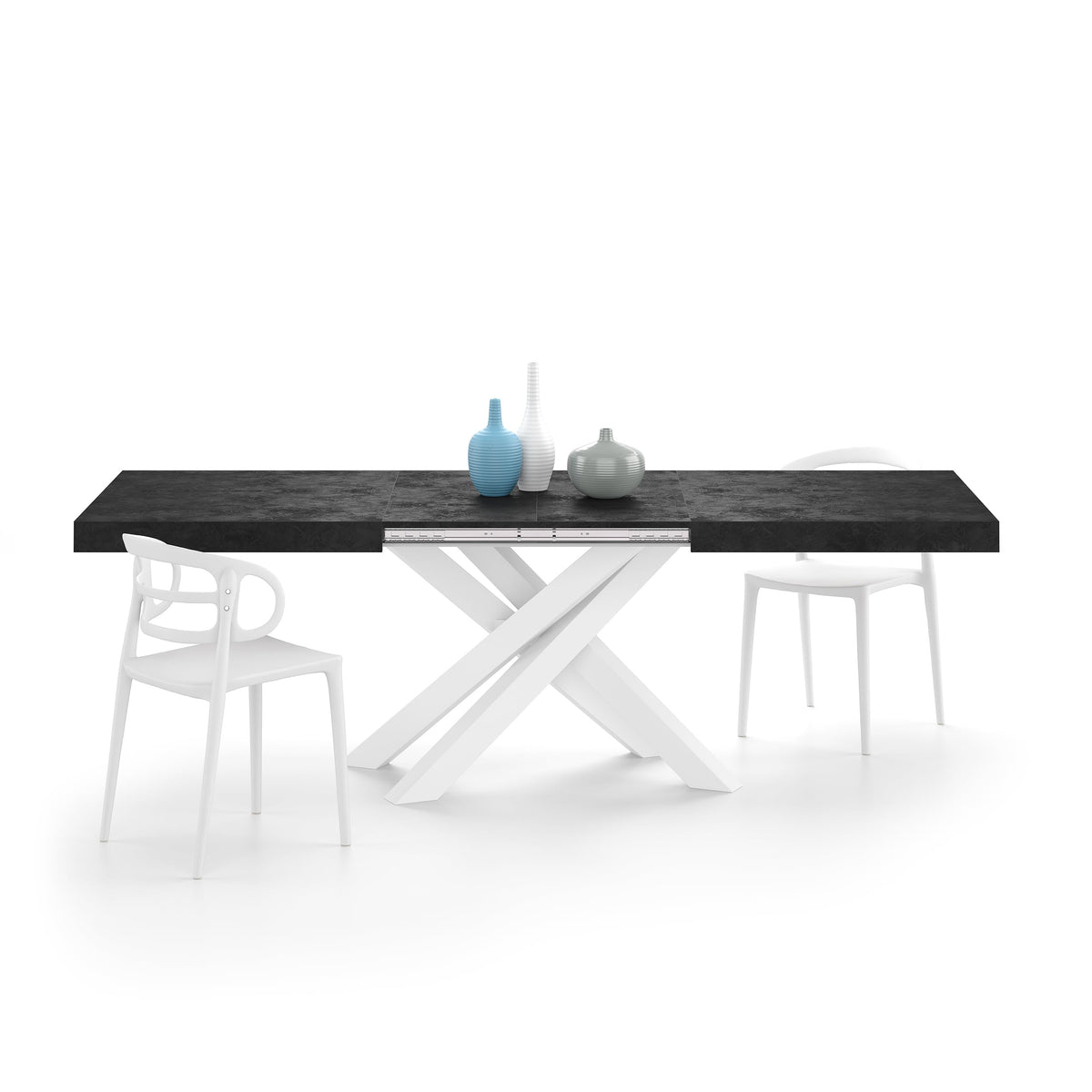 Emma 63(94.5) x35.4 in, Extendable Dining Table, Concrete Effect, Black with White Crossed Legs, Made in Italy