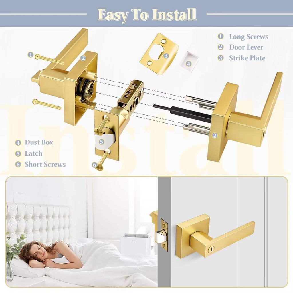 Gold Goor Handles Interior, Brass Privacy Lever Door Handle Keyless, Square Heavy Duty Reversible Interior Door
