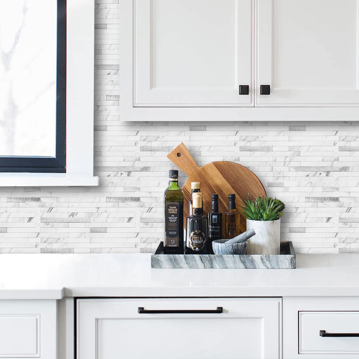 20 Sheets Faux Stone Peel and Stick Backsplash, White Marble Look PVC Wall Tiles Stick on Backsplash