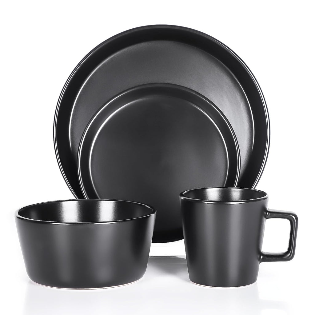 Plates and Bowls Sets, 16 Pieces Dinnerware Sets, Service For 4, Black
