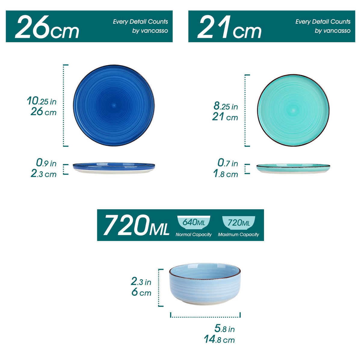 Bonita Dinnerware Sets 18 Pieces, Blue Stoneware Dishes Set for 6, Plates Set and Bowls Sets, Dishwasher and
