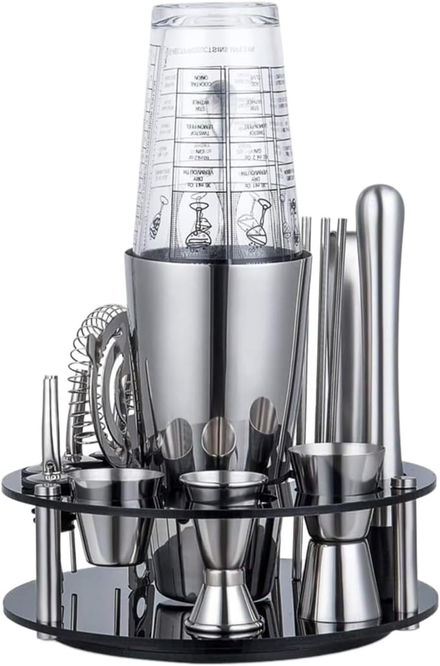 Cocktail Shaker 19 Piece Stainless Steel Cocktail Stand with Rotatable Storage Rack Home Bar Bartender Tool Bar Set