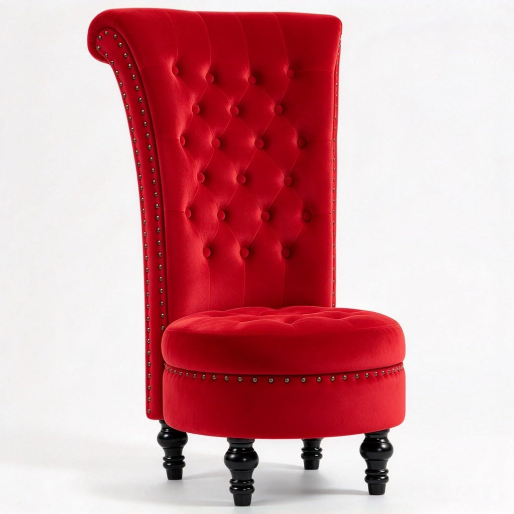 High Back Throne Chair with Storage, Red Velvet Royal Accent Chair