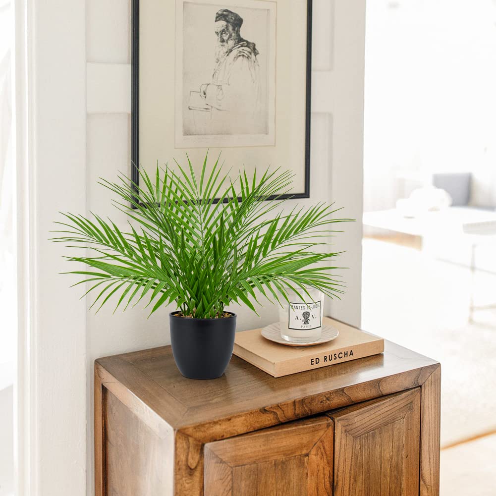 Fake Plant 15'' Artificial Palm Plant in Matte Black Pot Realistic Faux Tropical Palm Tree Houseplant Indoor Living