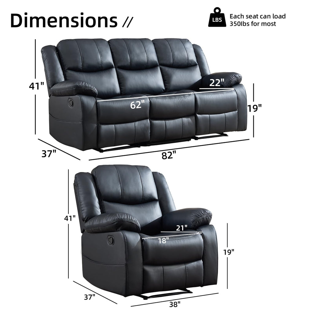 Faux Leather Manual Living Room Furniture Set, Includes 1 Reclining 1 Seat Chair and Two 3 Seat Couch, Mid-Century