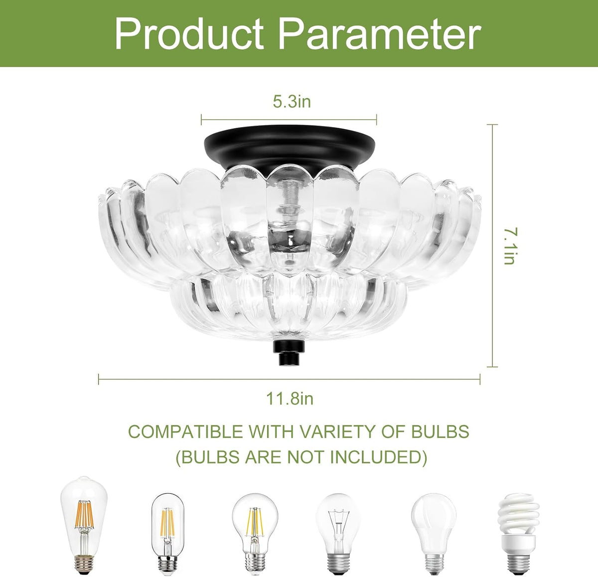 11.8-Inch Black Semi Flush Mount Ceiling Light, Modern 3-Light Clear Glass Chandelier Light Fixture Kitchen Bathroom