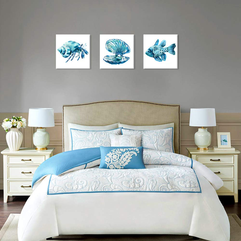Ocean Art Prints Tropical Wall Art Wall Blue Fish Blue Shells Hermit Crabs Kitchen Decoration 12x12Inchx3 pcs