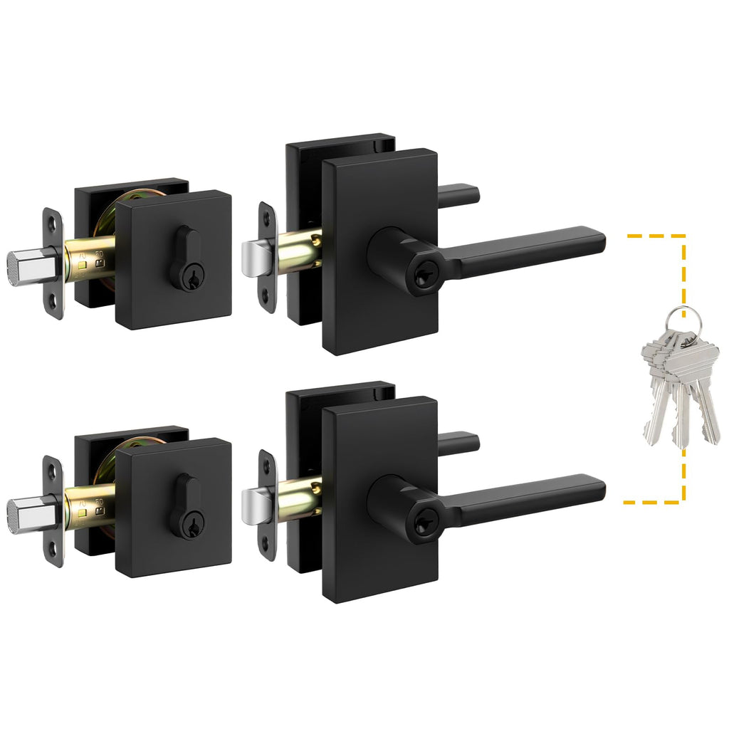 Matte Black Front Door Handle with Lock and Deadbolt 2 Pack