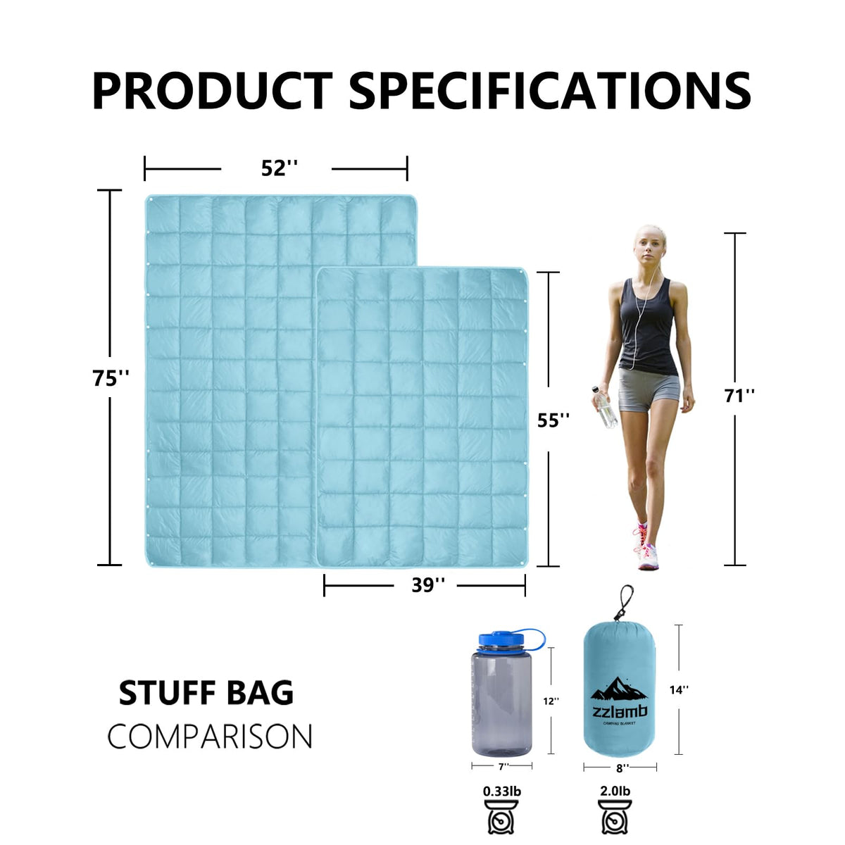 Camping Blanket for Adults Puffy Down Alternative Blue 52x75in