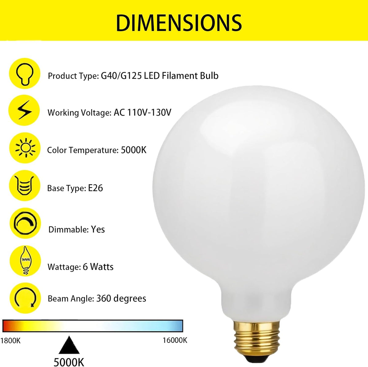 G40 LED Large Globe Lights, G125 E26 60W Big Bulbs 5000K Daylight