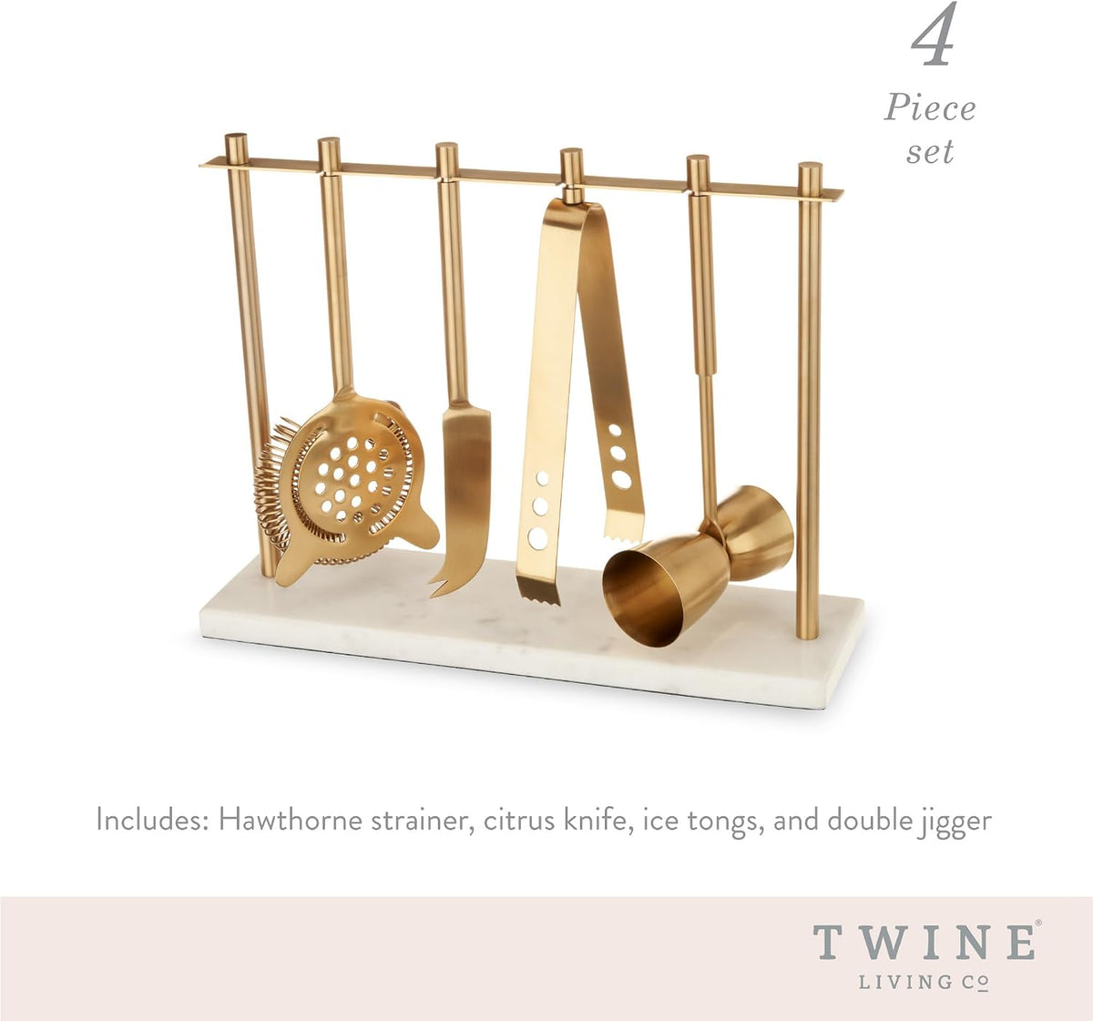 Bar Tool Set Includes Hawthorne Strainer, Citrus Knife, Ice Tongs, Double Jigger with Marble Display Stand - Set of 4