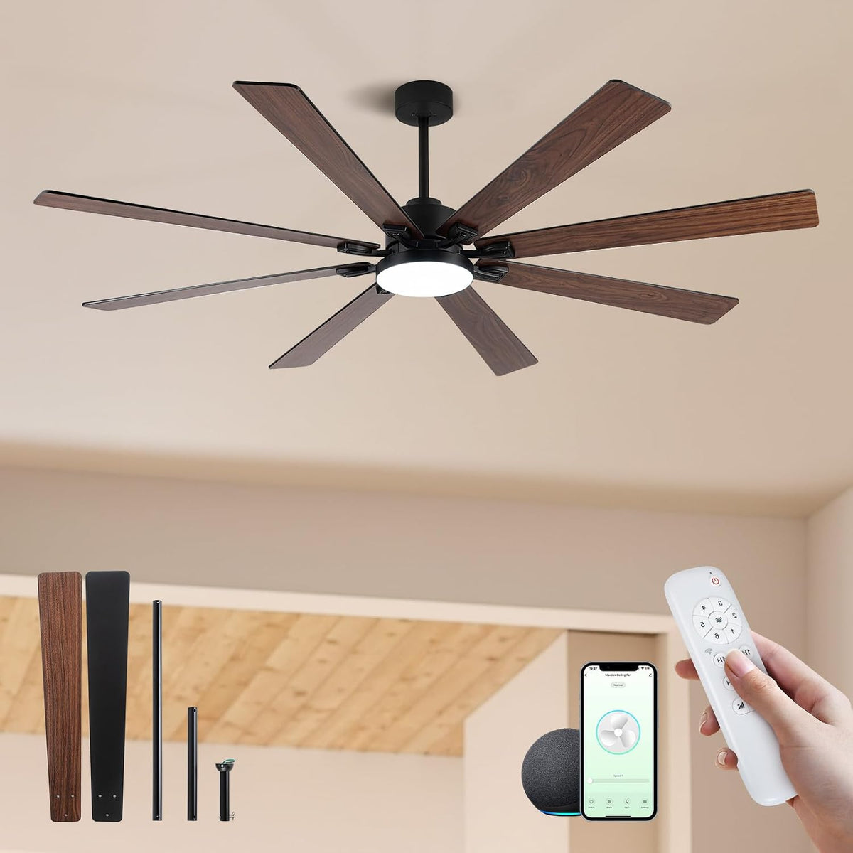 72" Black Indoor/Outdoor Smart Ceiling Fan with Light & Remote