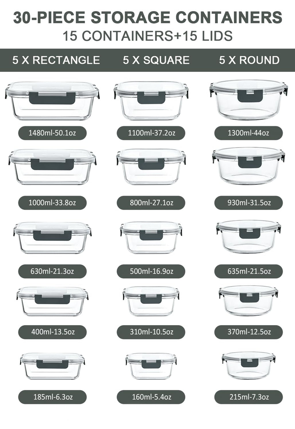 30 Piece Extra Large Glass Food Storage Containers with Lids,Gray