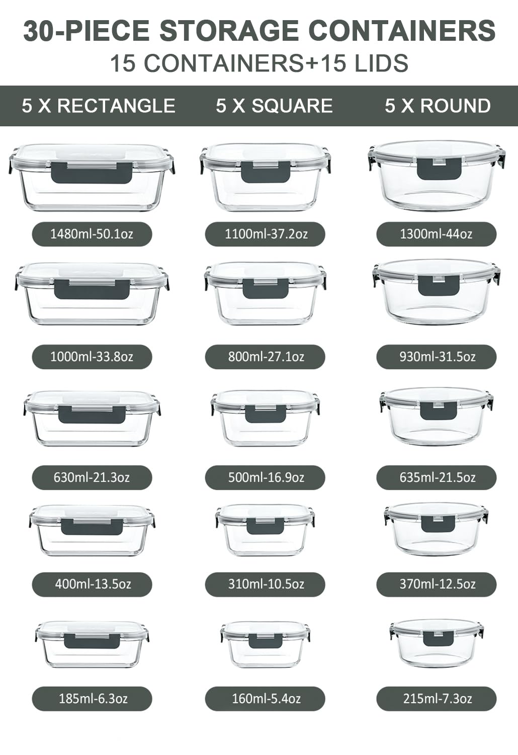 30 Piece Extra Large Glass Food Storage Containers with Lids,Gray
